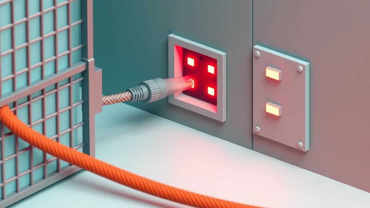 Illustration: A thick, braided ethernet cable bypasses a sturdy metal security gate and slips directly into an open ventilation slot in a server room wall.
