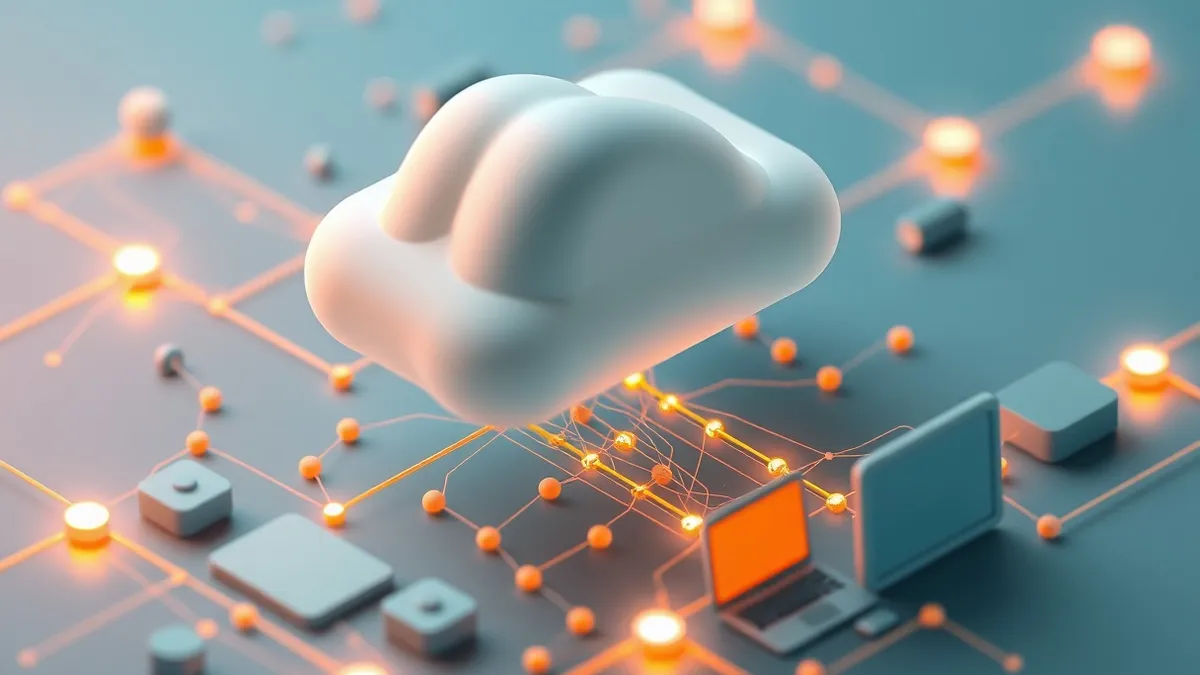 Illustration: A translucent cloud shape floats above a network of glowing, shifting data streams.