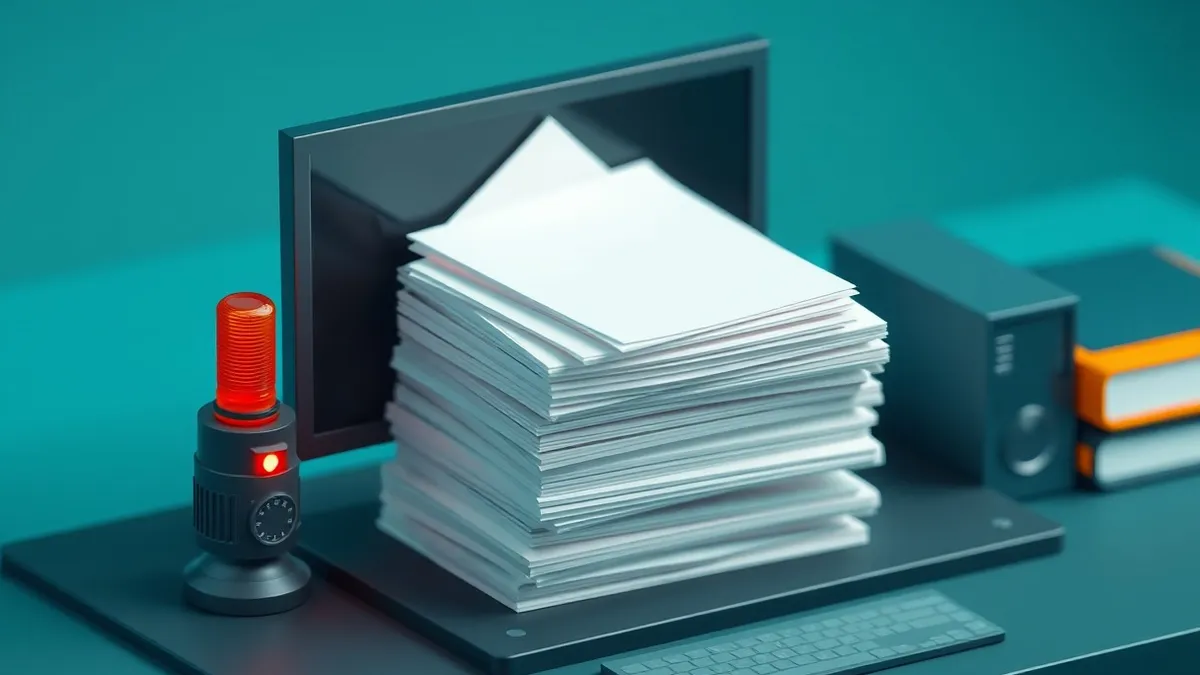Illustration: A single blinking red alert light sits on a dark security console, casting a stark glow on a stack of blank white folders.