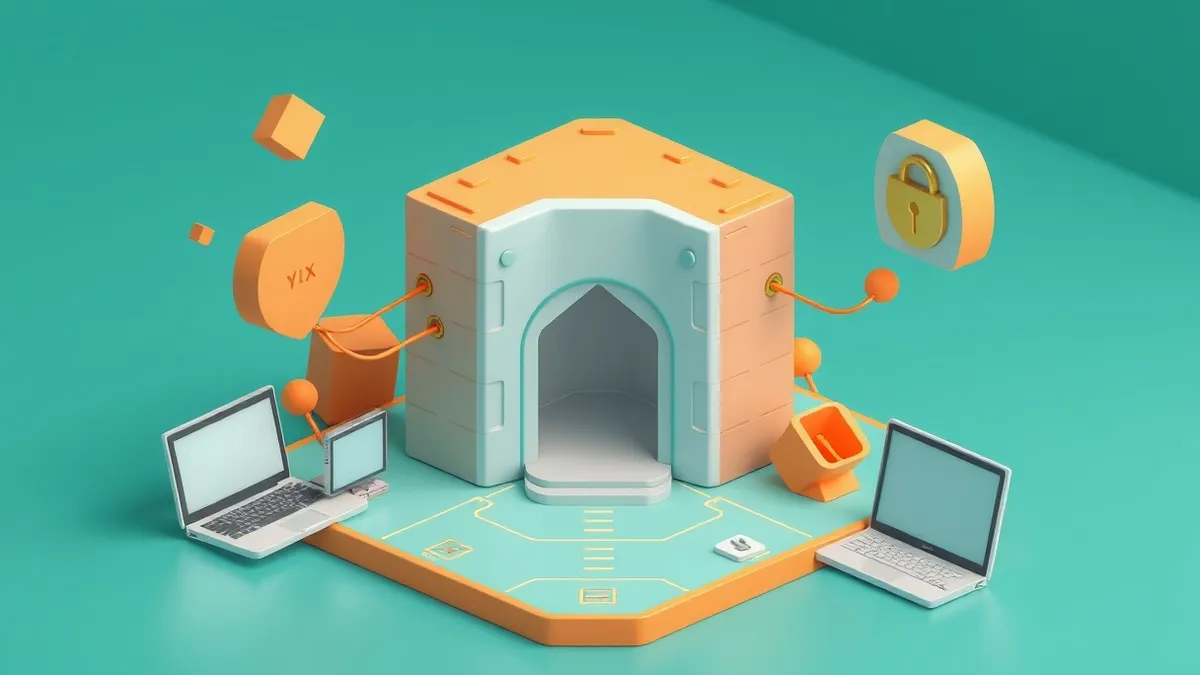 Illustration: A stylized network gateway stands at the edge of a digital landscape, filtering incoming data streams.