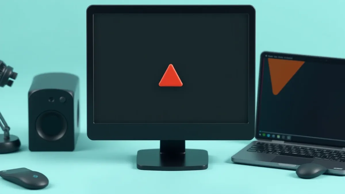 Illustration: A sleek black computer monitor displays a blank screen with subtle abstract geometric patterns in the background.