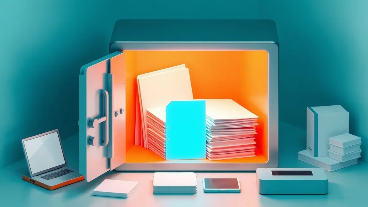 Illustration: A sealed metal vault sits open in a sterile room, revealing stacks of blank white folders inside.