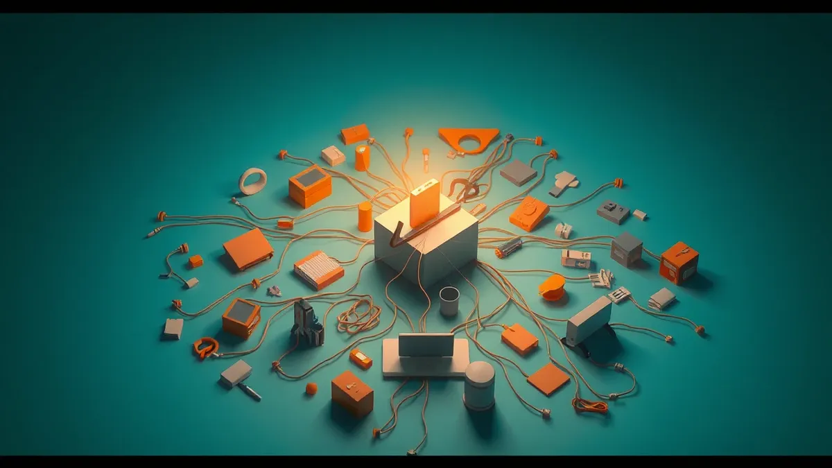Illustration: A tangled web of digital threads connects scattered office items to a central glowing node.