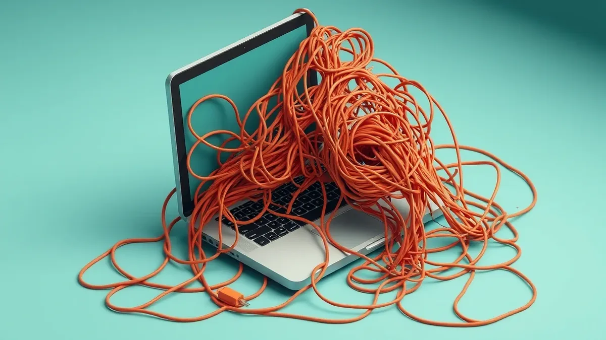 Illustration: A chaotic tangle of tangled wires spills out from an open laptop, forming a dense, knotted web that completely engulfs the keyboard and screen.
