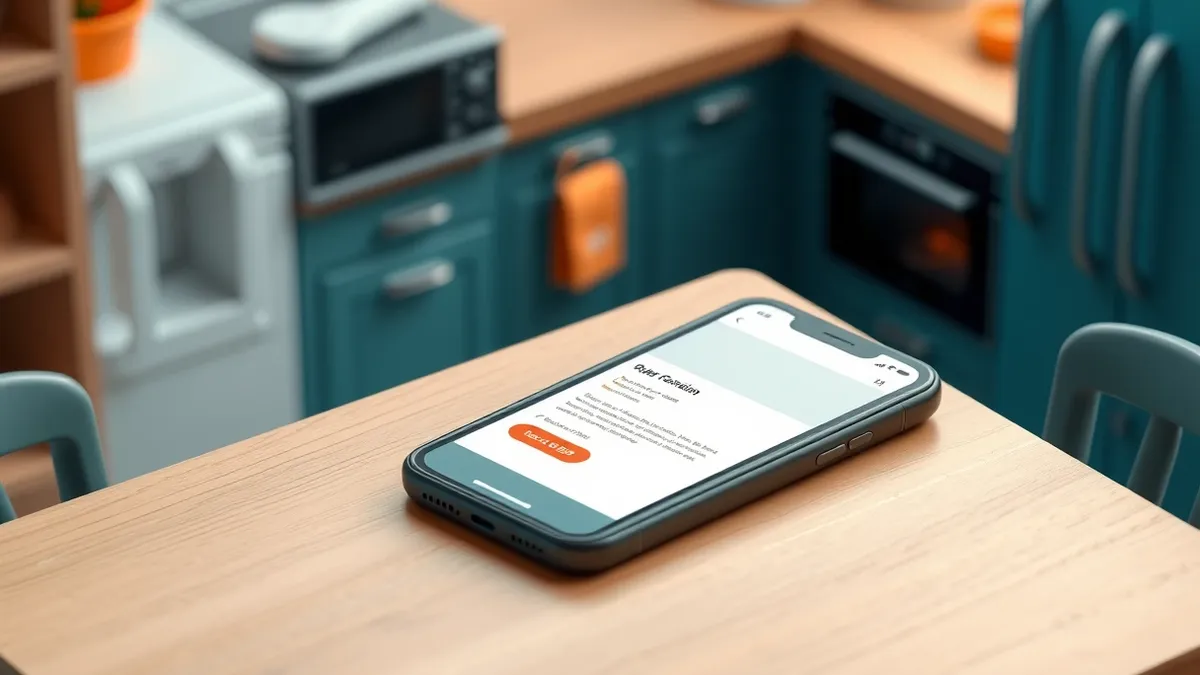 Illustration: A sleek black smartphone rests on a wooden table, its screen displaying a generic order confirmation email with a single red phone number highlighted.