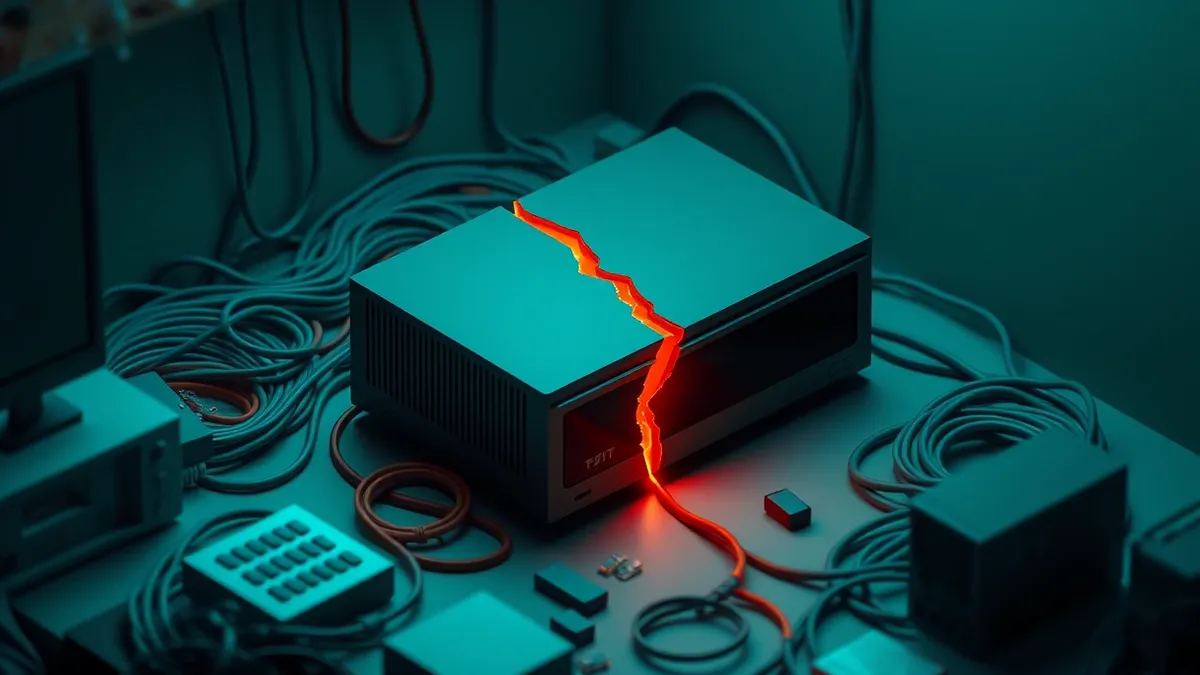 Illustration: A sleek black network video recorder sits on a cluttered desk beside a tangled mass of ethernet cables.