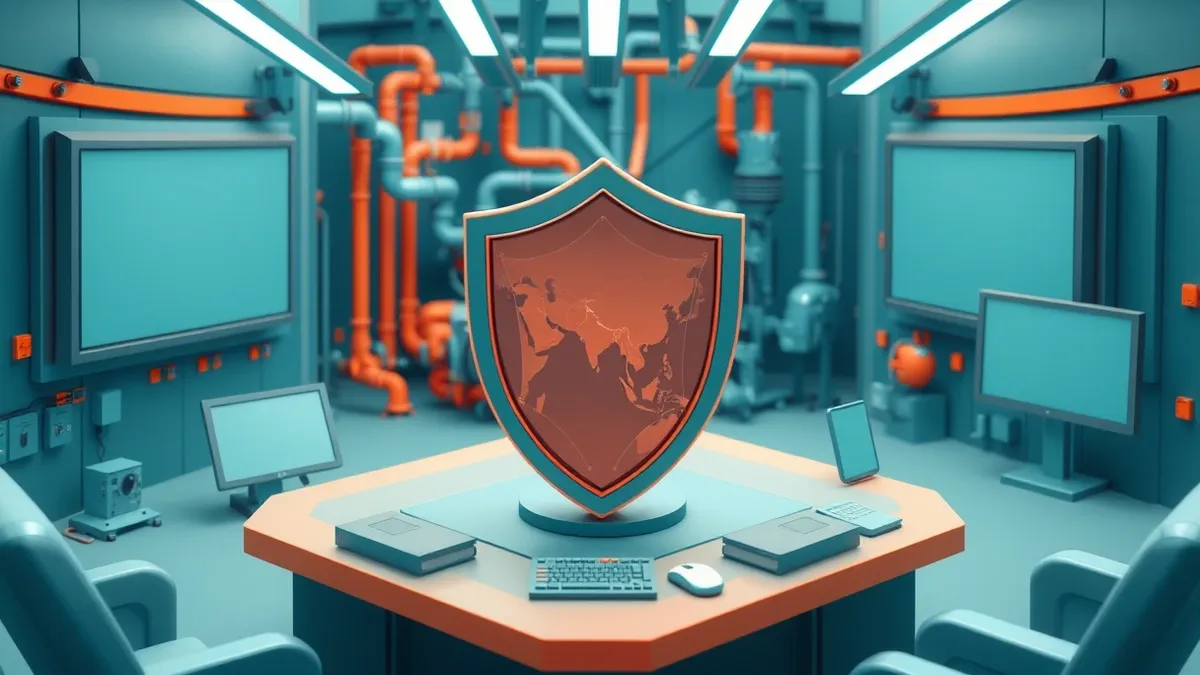 Illustration: A modern industrial control room with large blank monitoring screens and complex piping systems in the background.
