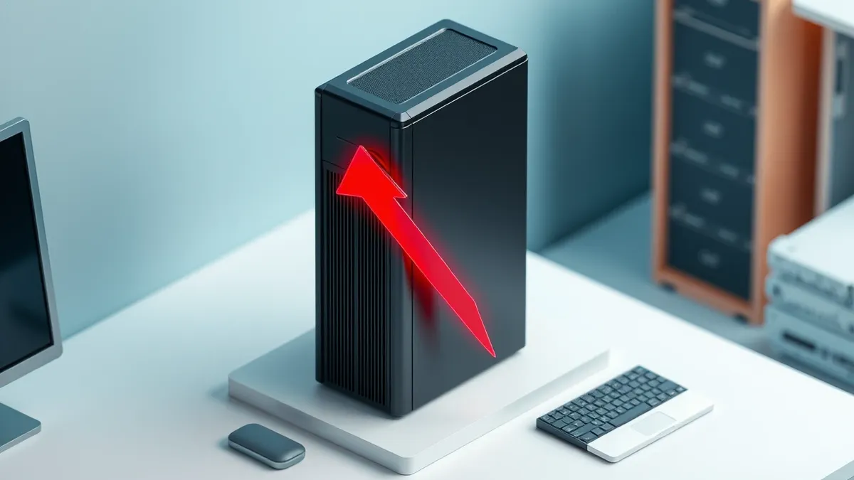 Illustration: A sleek black server tower sits on a sterile white desk, its front panel displaying a single red warning light.
