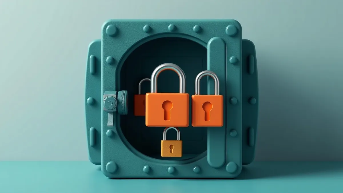 Illustration: A sturdy vault door features three distinct mechanical locks arranged vertically.