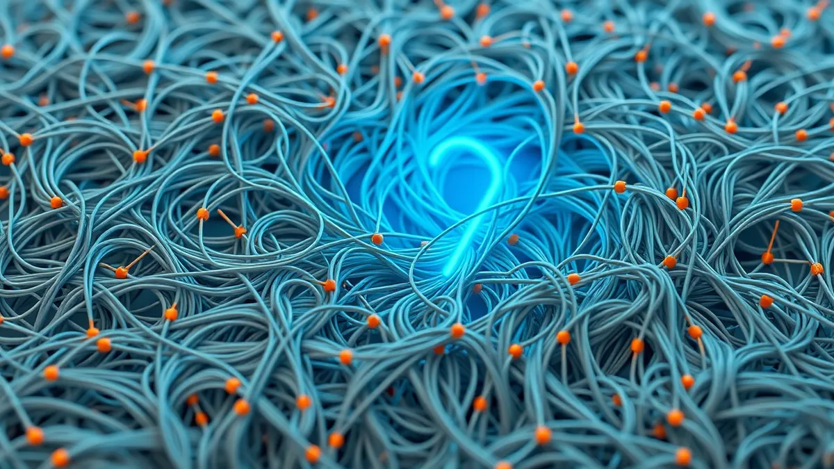 Illustration: A dense swarm of faint grey lines converges into a single bright blue thread.
