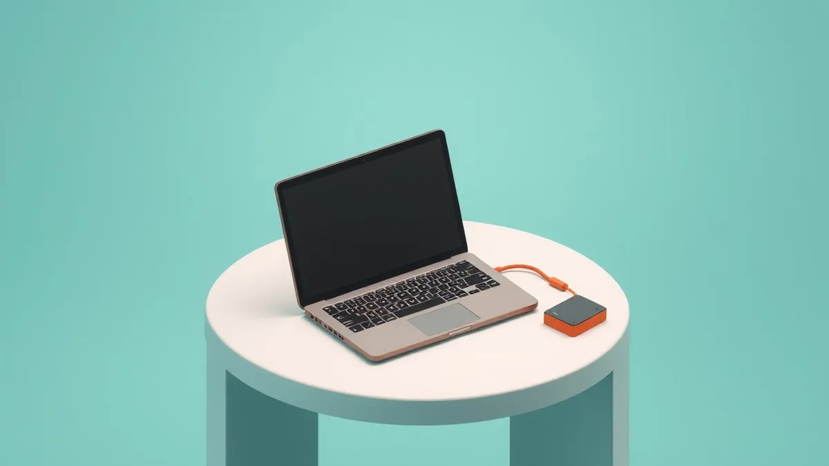 Illustration: A single laptop sits on a clean white desk, its screen dark and blank.