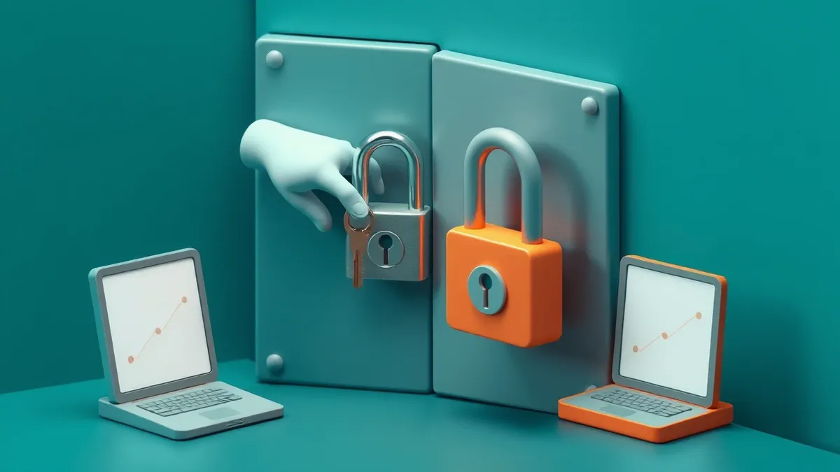Illustration: A digital lock hangs on a steel door while a ghostly hand slips a key through a small opening beside it, bypassing the mechanism entirely.