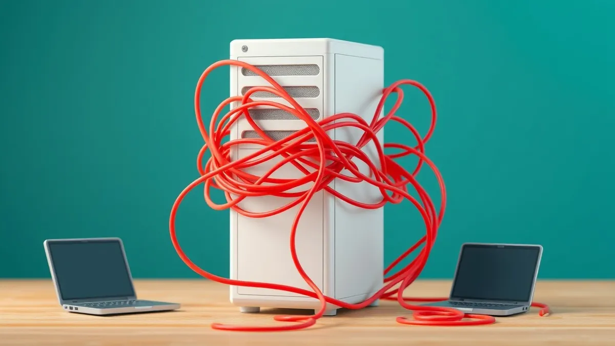 Illustration: A tangled knot of thin red threads wraps tightly around a white server tower, squeezing it until the casing cracks.