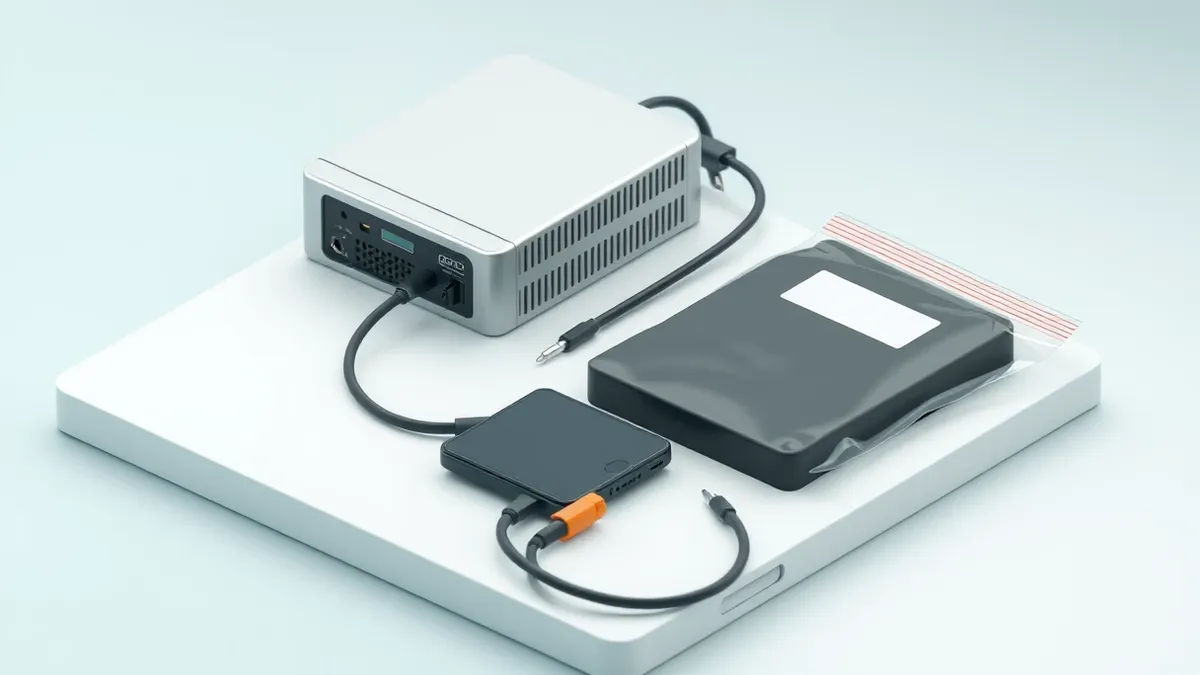 Illustration: A silver digital forensics hardware write-blocker sits connected to a black external hard drive via thick cables.