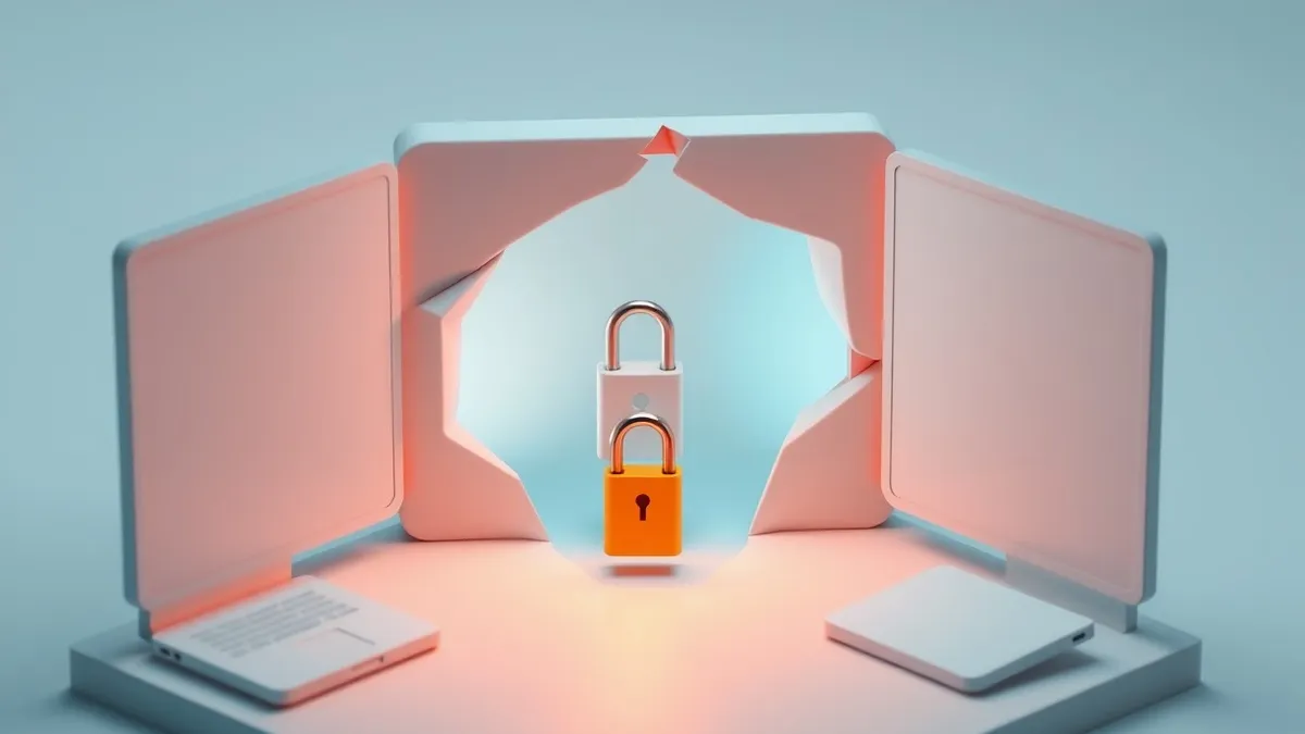 Illustration: A cracked open software interface reveals a small, bright key slipping into a larger, locked mechanism inside.