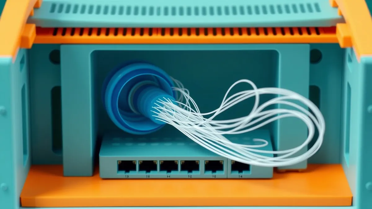 Illustration: A transparent blue tunnel forms inside a standard network router.