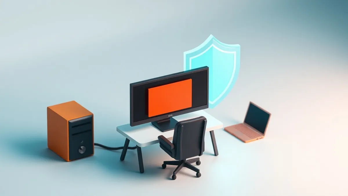 Illustration: A sleek black desktop computer sits on a clean white desk, its monitor displaying a blank red alert box.