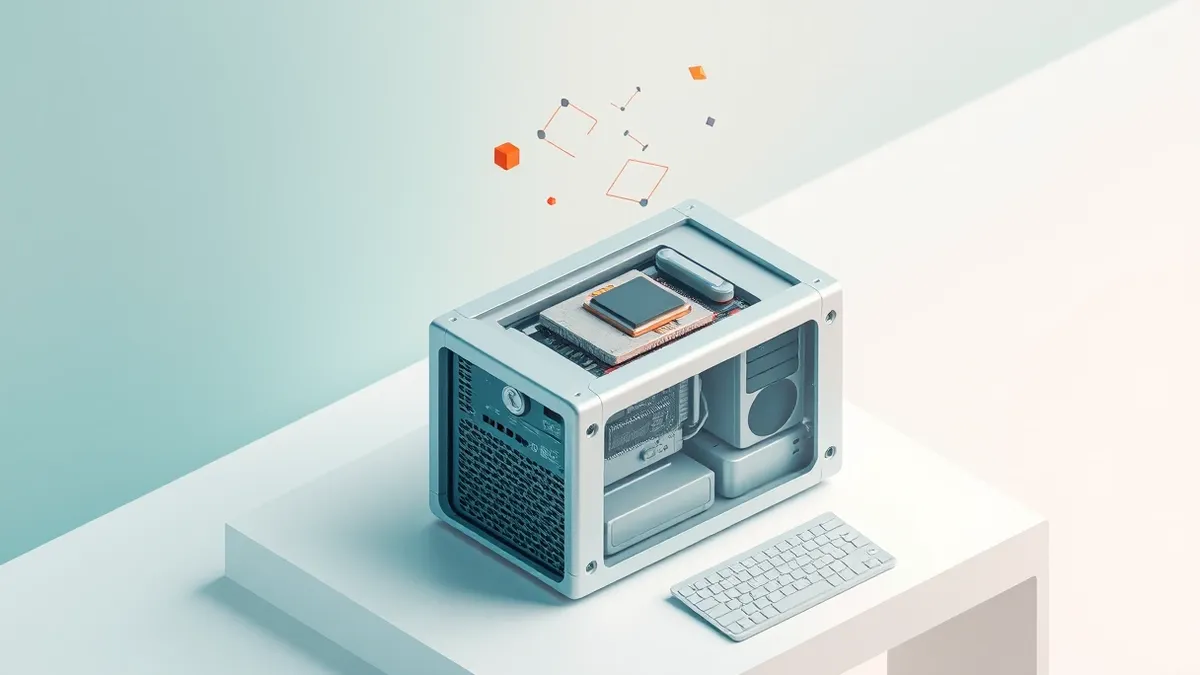 Illustration: A sleek silver desktop computer sits idle on a clean white desk, its translucent aluminum case revealing intricate internal circuitry.