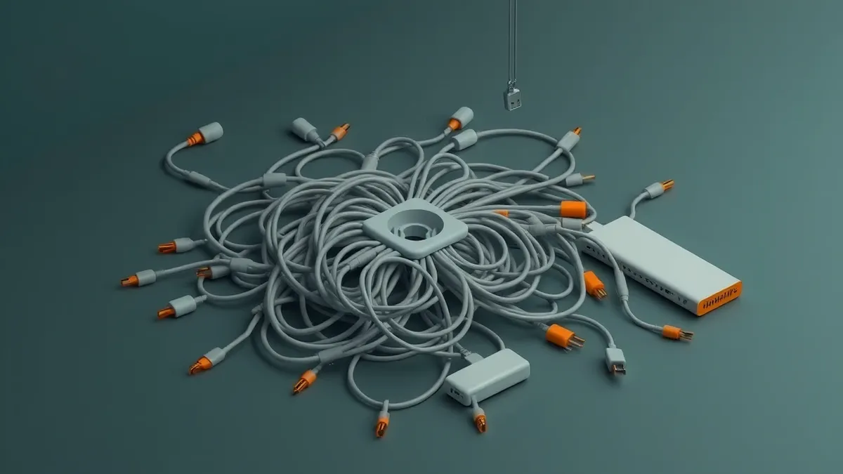 Illustration: A tangled knot of grey cables snakes across a dark floor, connecting a central hub to dozens of dormant ports.