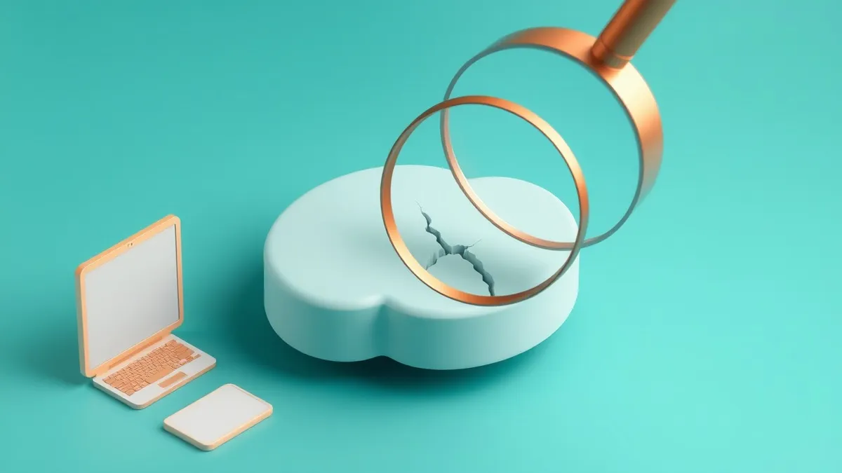 Illustration: A magnifying glass hovers over a blank, floating cloud shape, highlighting a single hidden crack in the smooth surface.