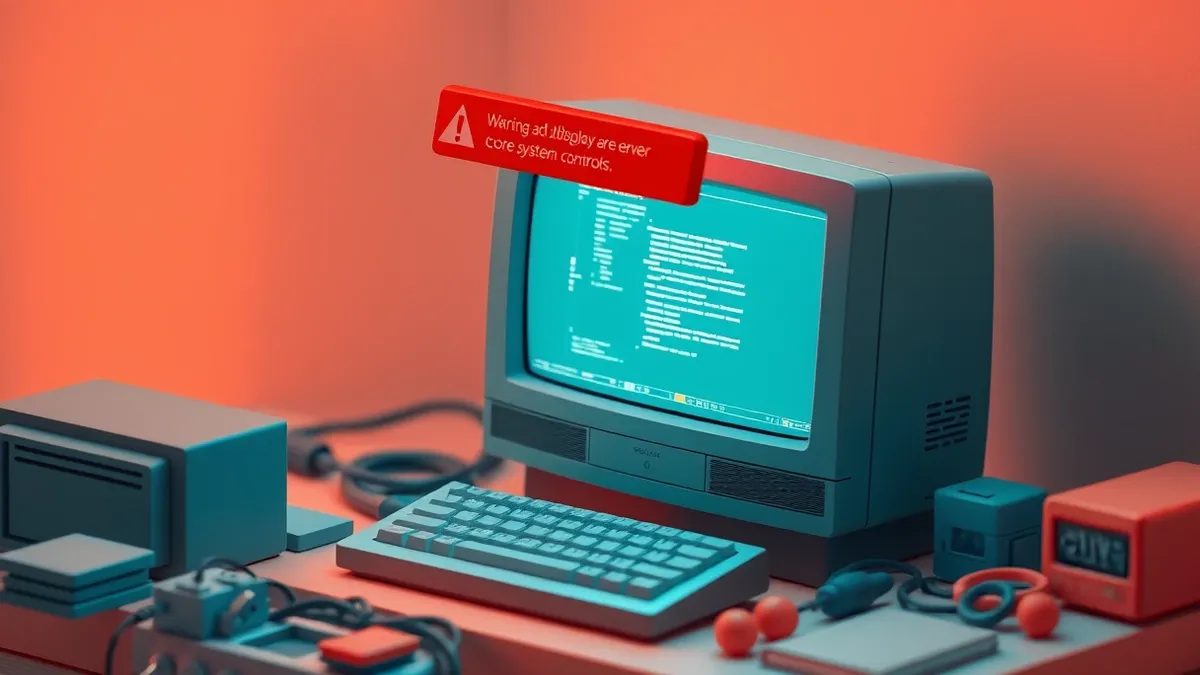 Illustration: A vintage CRT monitor sits on a cluttered desk, its screen displaying a fragmented, glitching desktop interface.