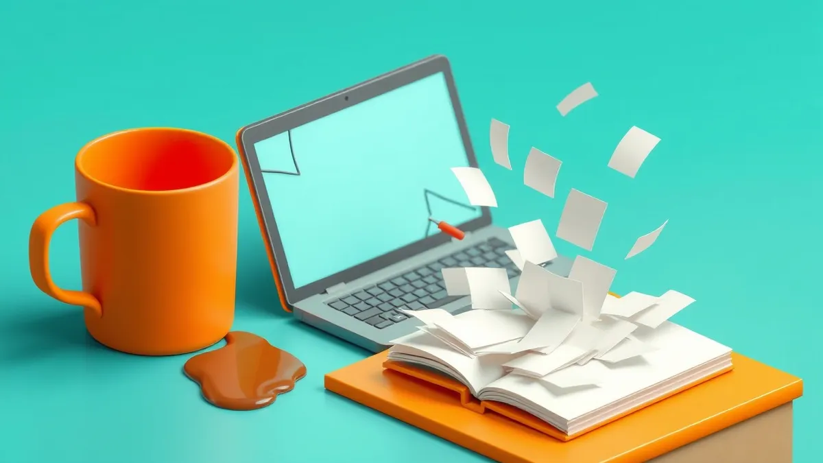 Illustration: A spilled coffee cup sits on a desk next to a laptop with a cracked screen.