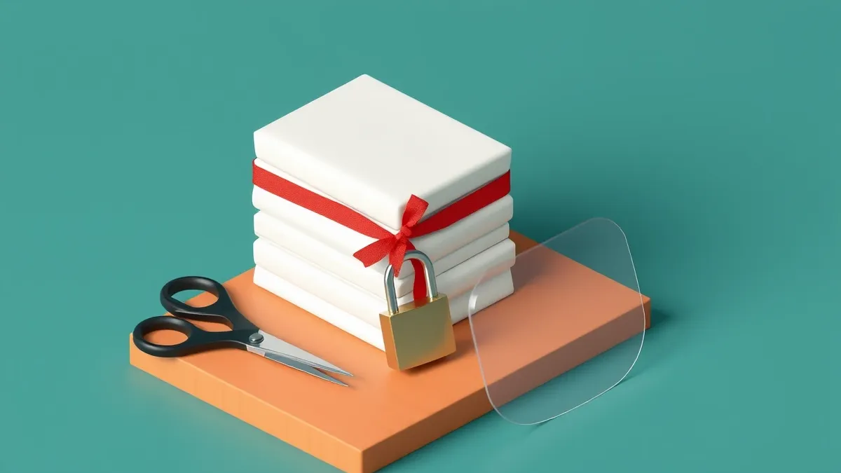 Illustration: Three blank white envelopes sit on a wooden desk beside a pair of black scissors cutting a single red ribbon tied around the stack.