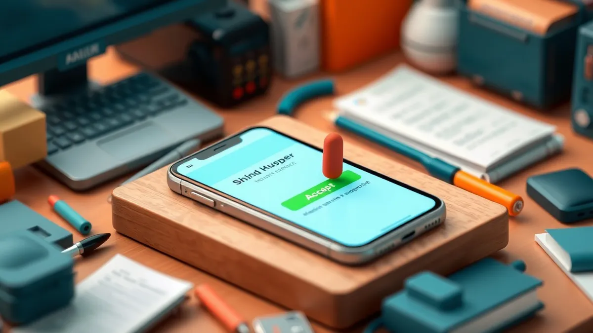 Illustration: A smartphone rests on a cluttered wooden desk, its screen glowing with a generic blue notification card.