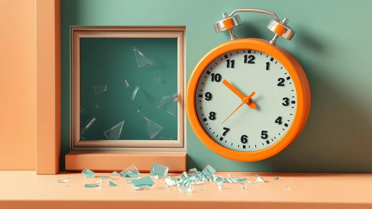 Illustration: A broken window pane on a building wall sits beside a large digital clock with its hands spinning rapidly forward.
