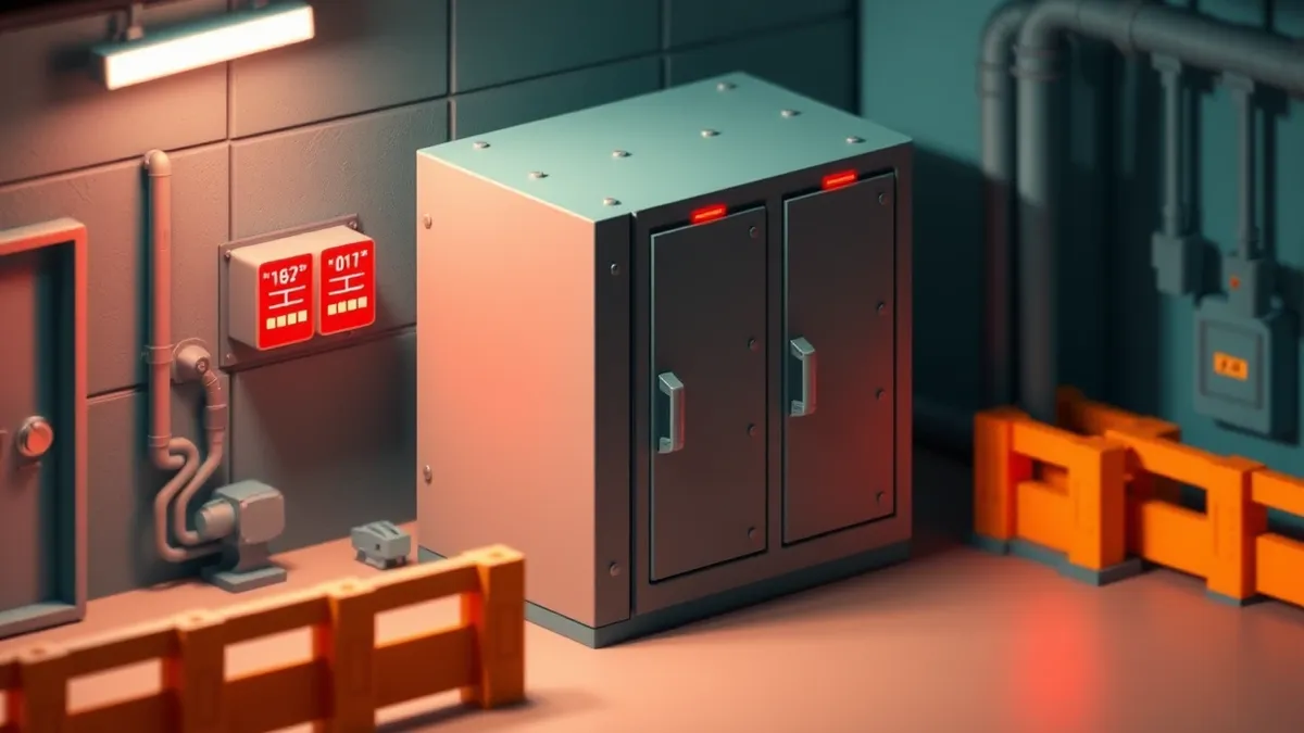 Illustration: A fortified industrial control panel sits inside a dimly lit facility, its robust metal casing secured by heavy-duty locks and surrounded by thick protective barriers