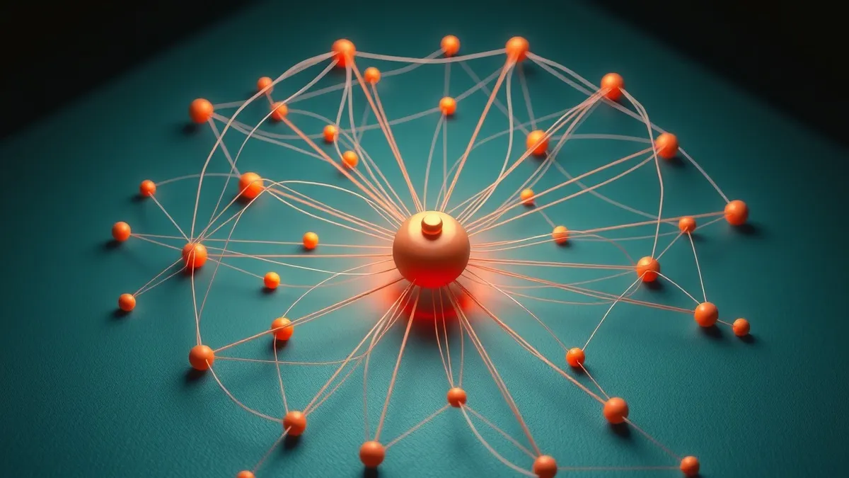 Illustration: A tangled web of thin, translucent threads stretches from a central hub to scattered, glowing nodes in the dark.