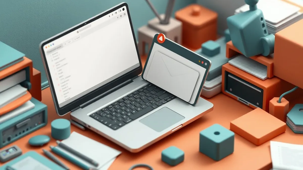 Illustration: A cluttered desk holds an open laptop displaying a blank email client interface.