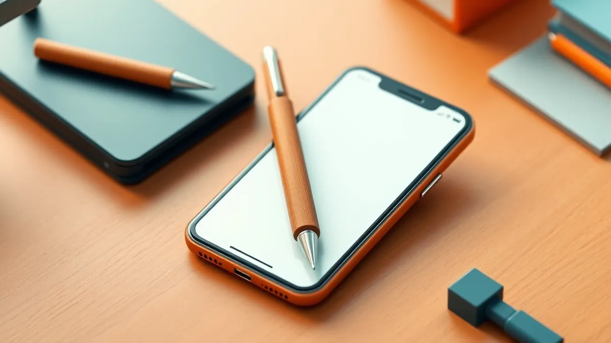Illustration: A sleek office desk holds a smartphone displaying a blank message interface.