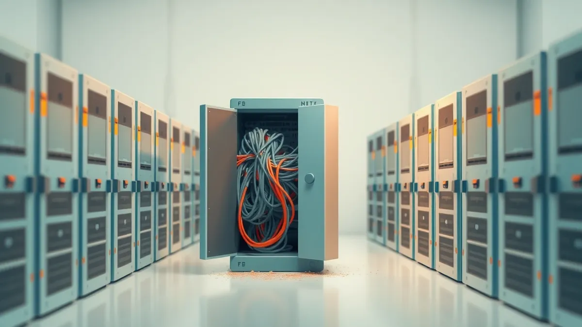 Illustration: A row of identical server racks stands in a sterile room, but one unit has its front panel slightly ajar and cables tangled in a chaotic mess.