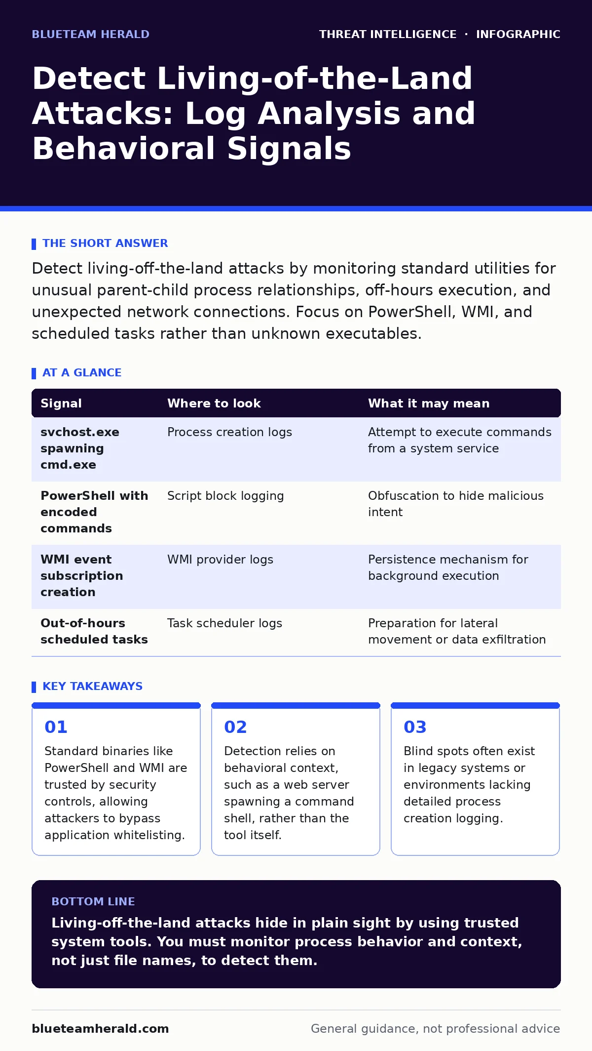 Infographic: Detect Living-of-the-Land Attacks: Log Analysis and Behavioral Signals. Standard binaries like PowerShell and WMI are trusted by security controls, allowing attackers to bypass application whitelisting. Detection relies on behavioral context, such as a web server spawning a command shel