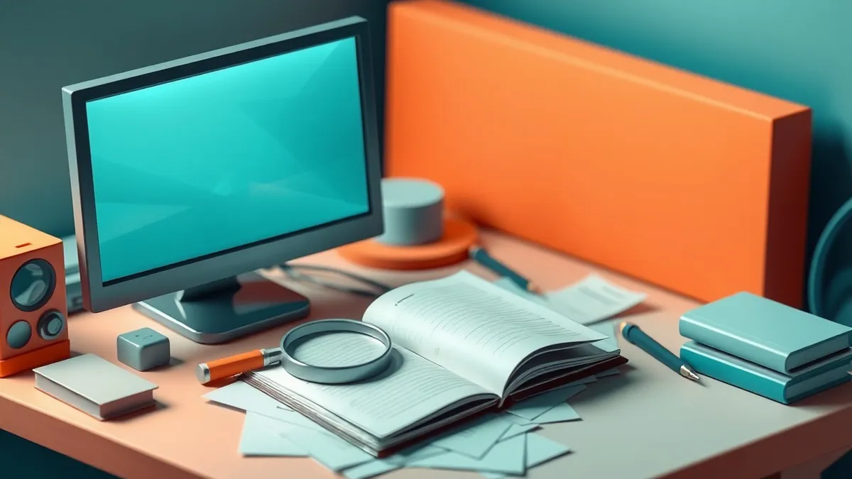 Illustration: A blank computer monitor sits on a cluttered desk, its screen reflecting faint, abstract geometric shapes that suggest hidden activity.