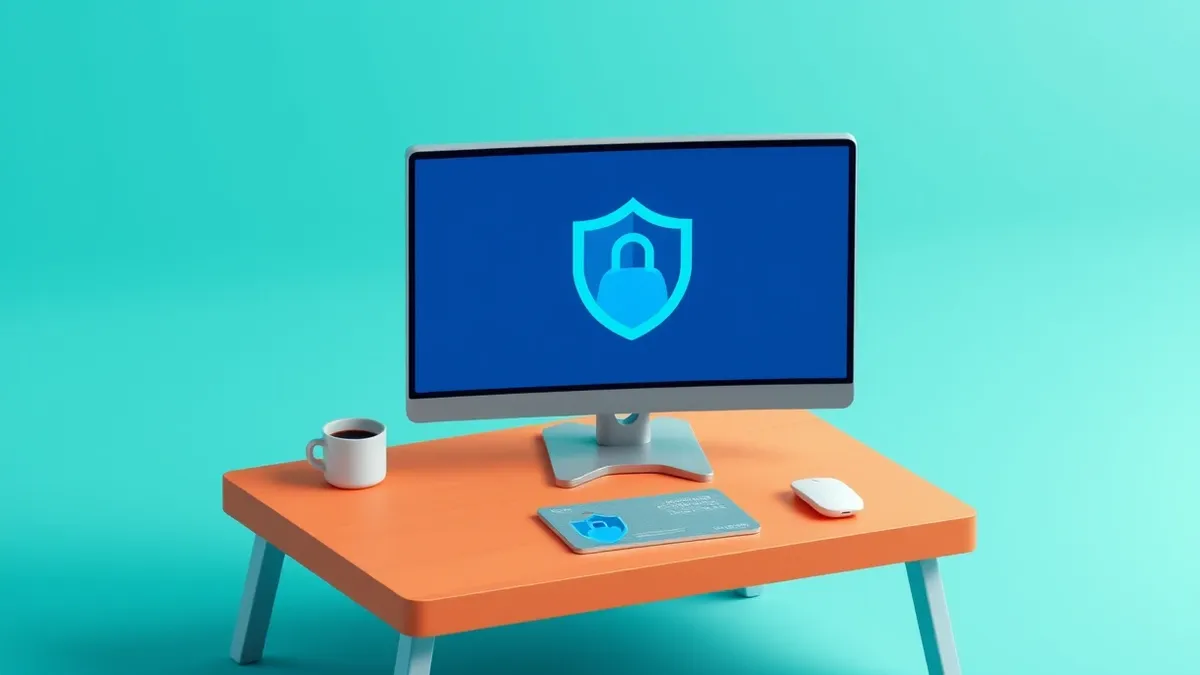 Illustration: A small office desk sits empty beside a sleek all-in-one computer.