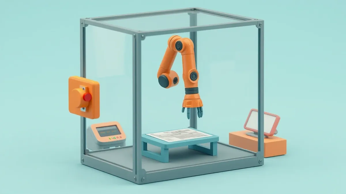 Illustration: A sleek, autonomous robot arm hovers inside a transparent glass enclosure, its tools locked away.