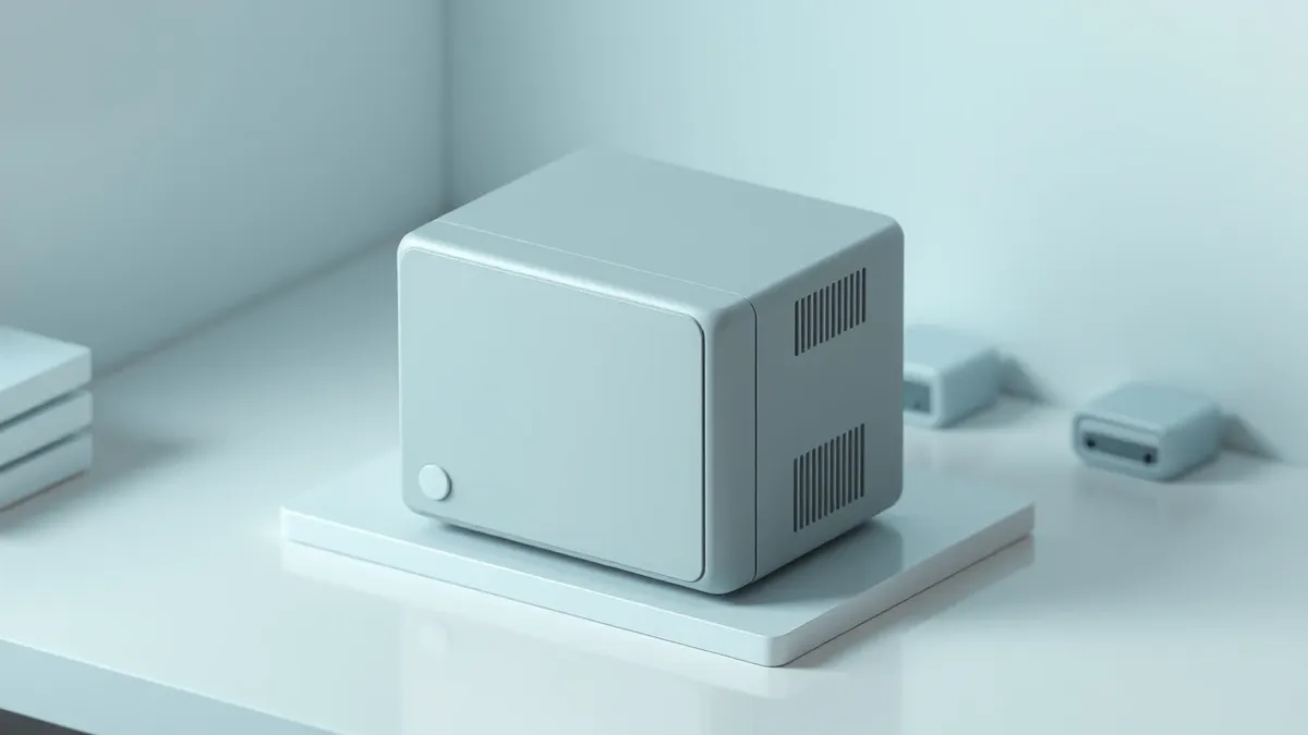 Illustration: A sleek, silver network appliance sits alone on a sterile white workbench, its smooth front panel completely blank except for a single, tiny amber warning light glowi