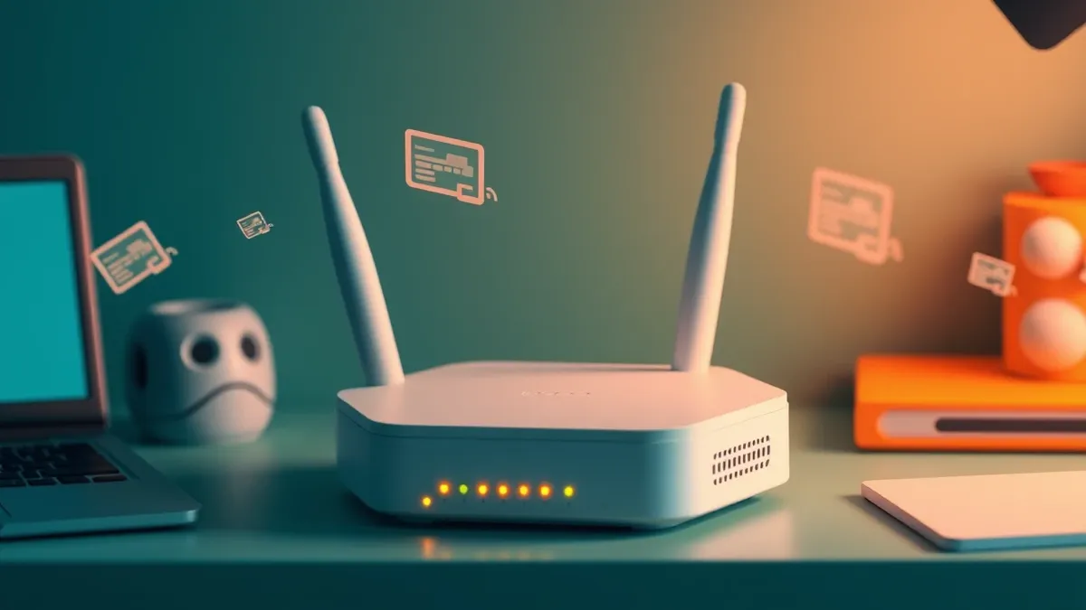 Illustration: A white wireless router with two antennas sits on a desk, its status lights glowing steadily.