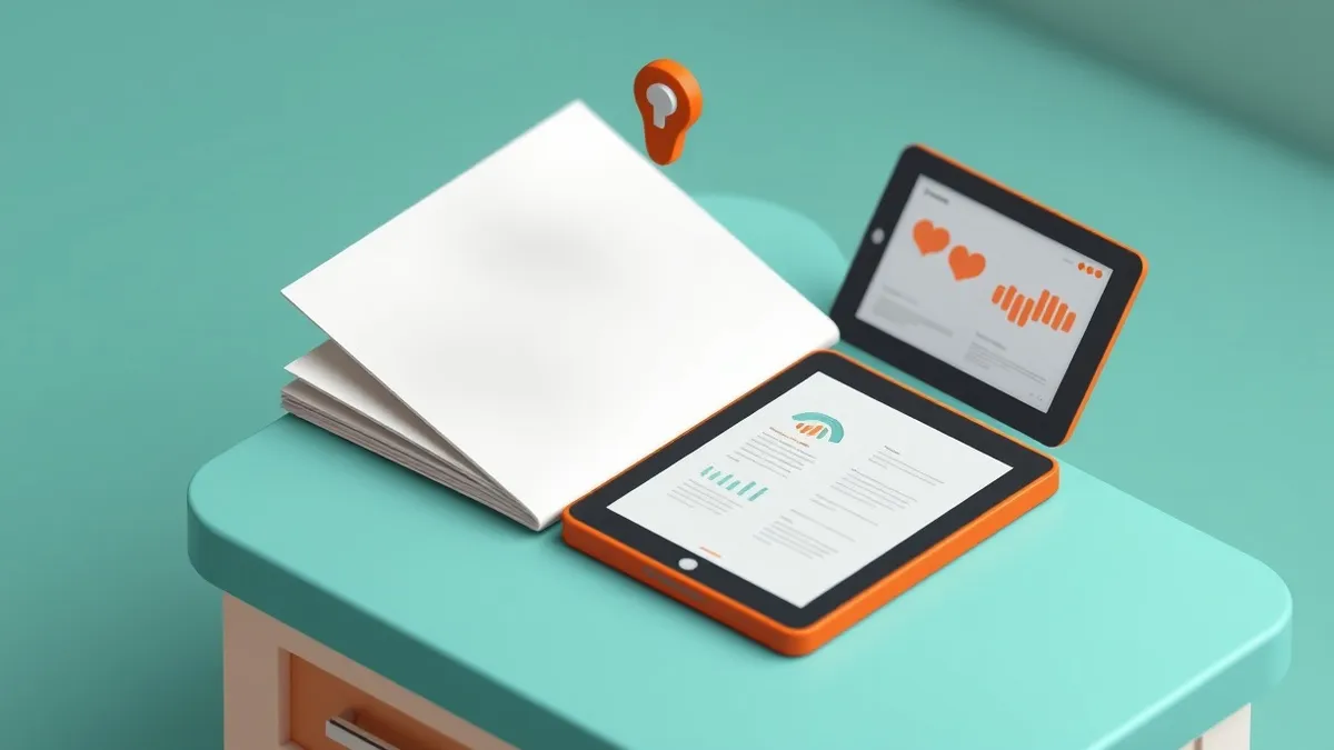 Illustration: A blank medical file folder rests on a sterile examination table beside a digital tablet displaying abstract health charts.