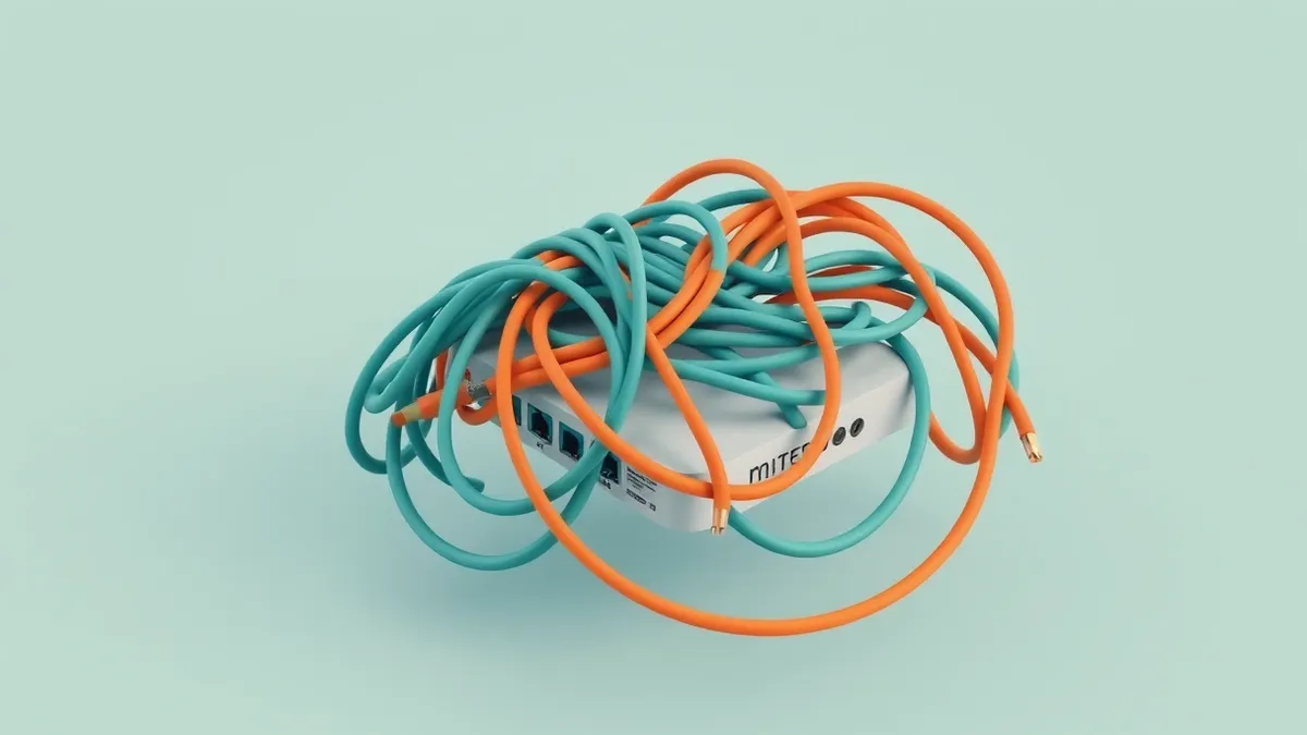 Illustration: A tangled knot of ethernet cables floats in mid-air, twisting around a small, generic router.