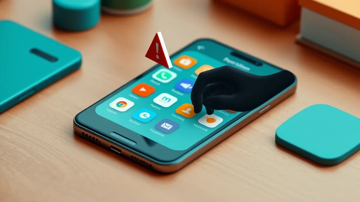 Illustration: A sleek smartphone rests on a wooden desk, its screen displaying a grid of colorful, abstract app icons.