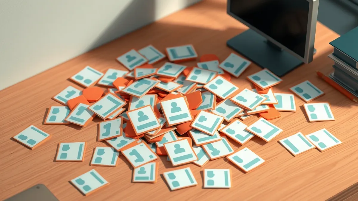 Illustration: A chaotic pile of scattered paper slips and index cards lies on a wooden desk.