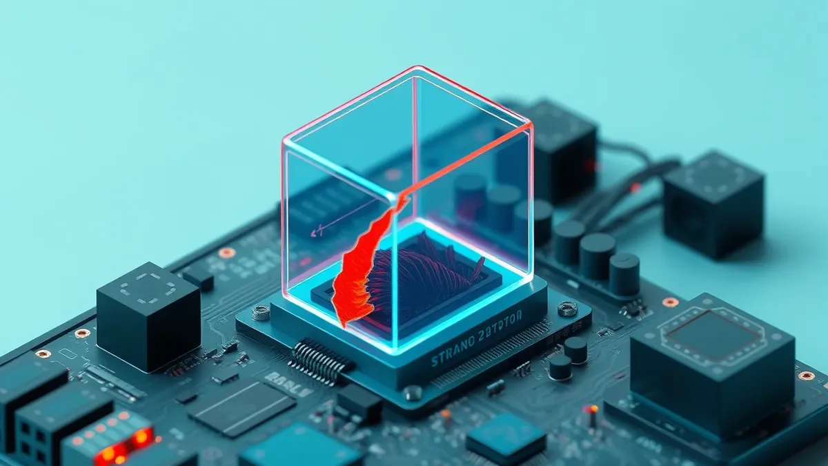 Illustration: A translucent blue virtual machine window floats above a complex circuit board.