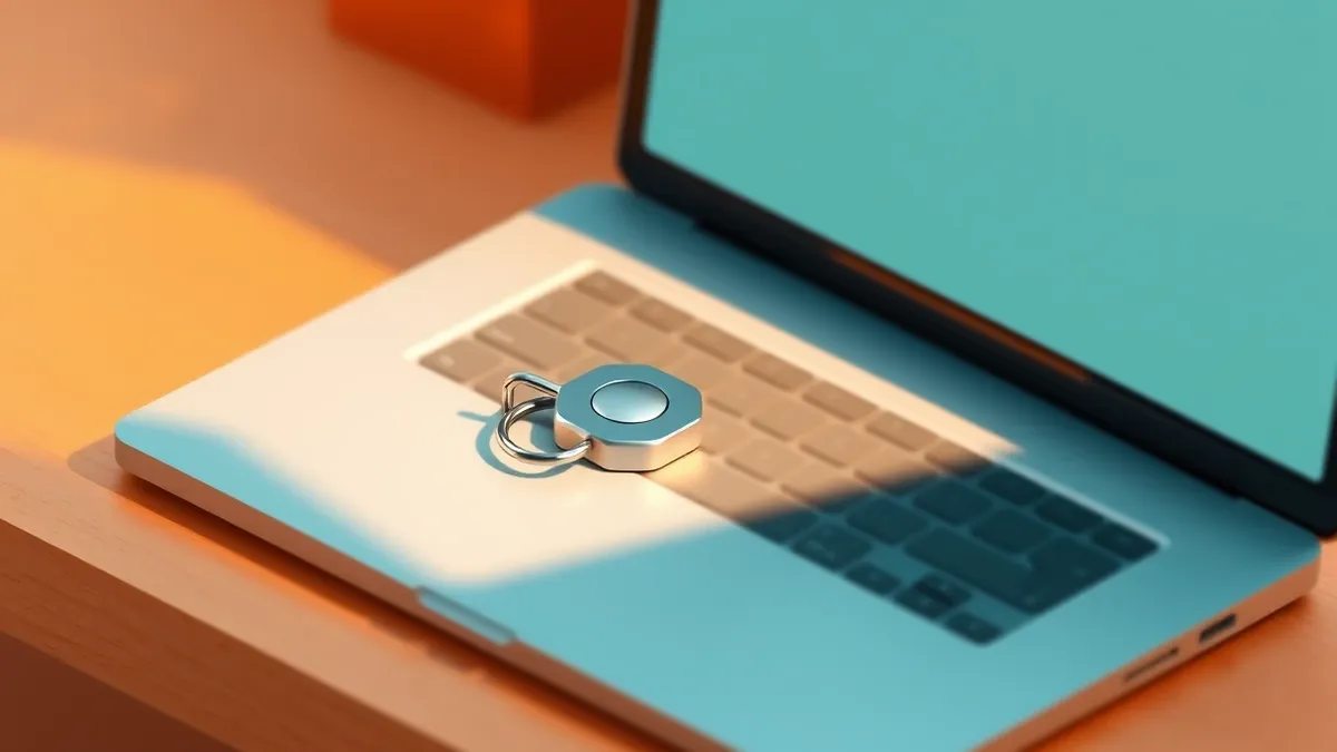 Illustration: A small silver hardware security key rests on a clean wooden desk next to a laptop with a blank screen.