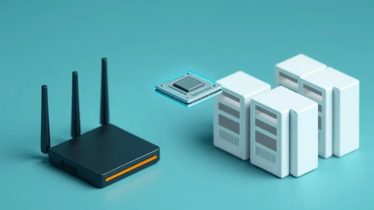 Illustration: A single silver microchip floats in mid-air, seamlessly bridging the gap between a sleek black router and a row of white server blades.