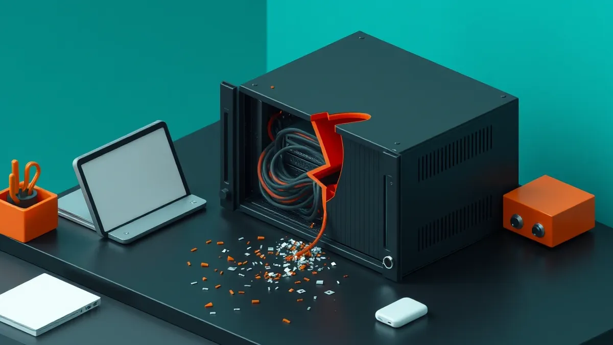 Illustration: A sleek black database server sits on a dark desk with its side panel removed.
