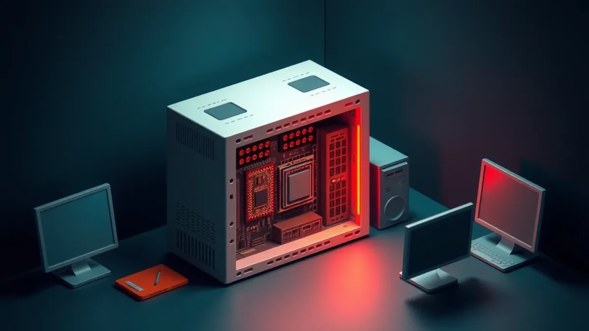 Illustration: A sleek silver server node sits in a dark room with its casing removed, exposing internal circuit boards.