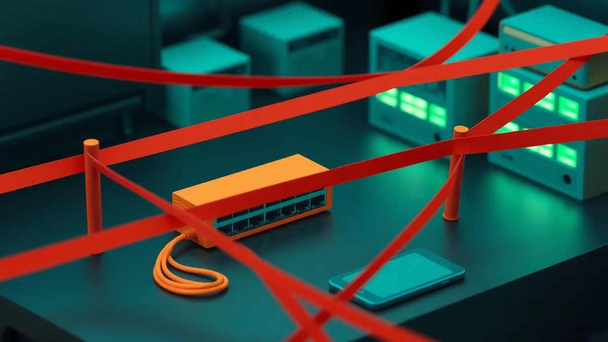 Illustration: A single orange network switch sits isolated on a dark desk, surrounded by thick red tape forming a complete barrier.